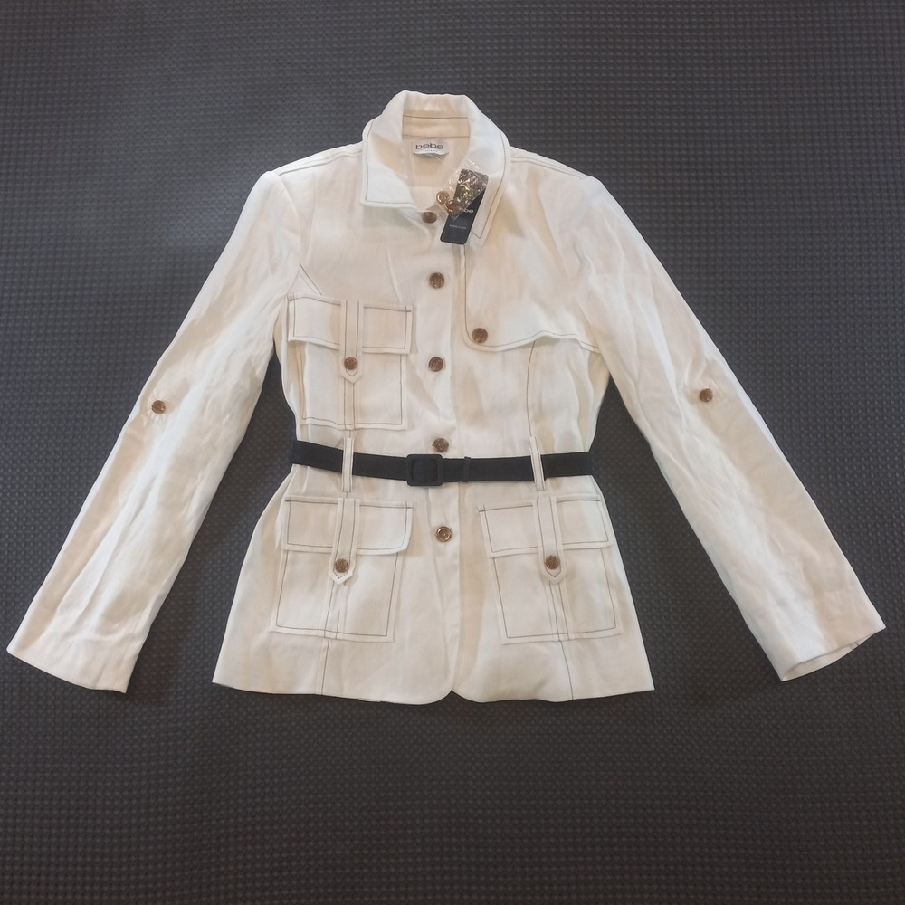 Bebe Safari Tailored Jacket White Cream Belted Utility Coat Size 0 NWT 108024